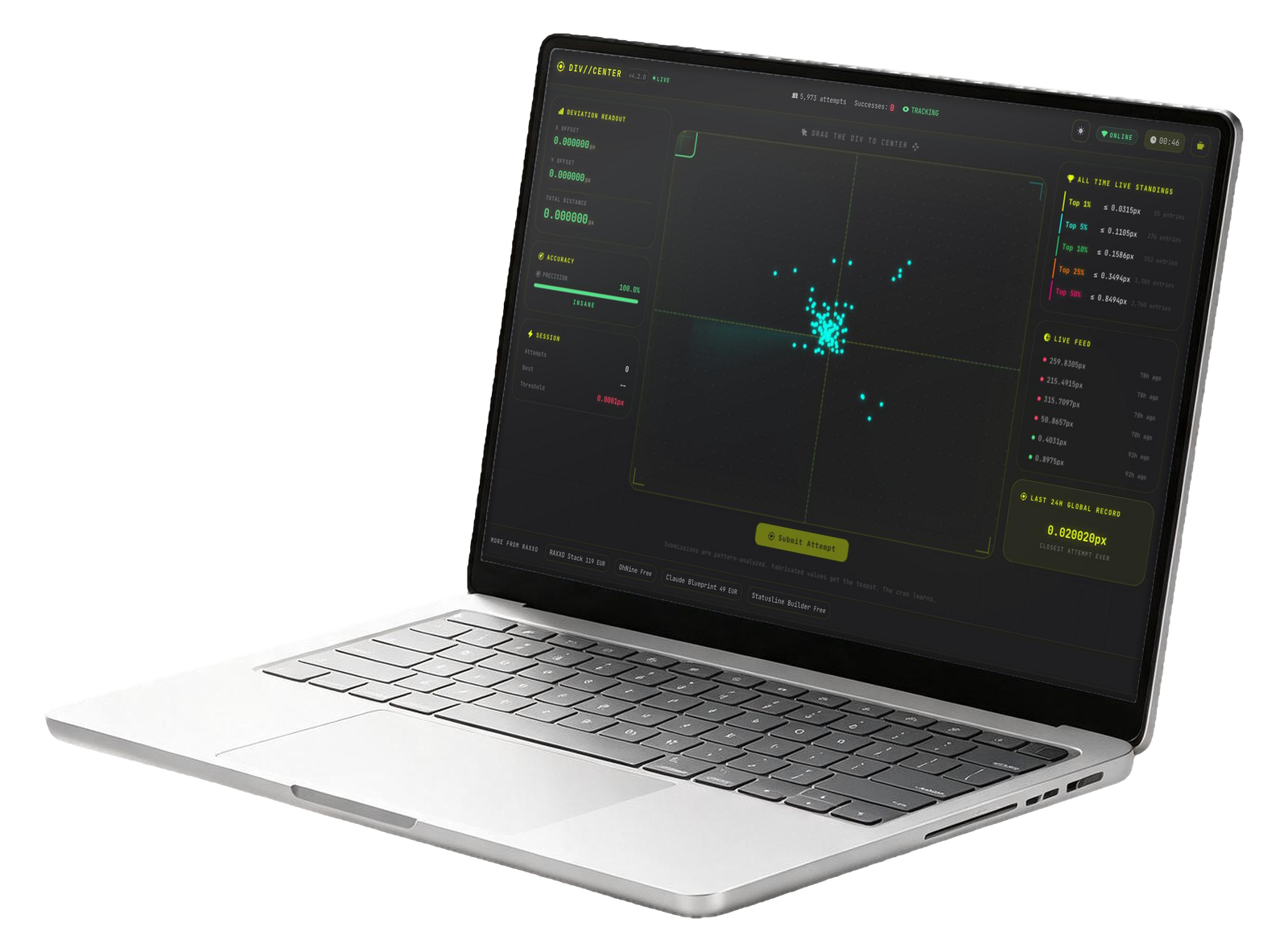 Center This Div in play on a laptop: the dark arena with the crosshair, the player's red box labelled div, and the swarm of cyan dots it has to be centred against