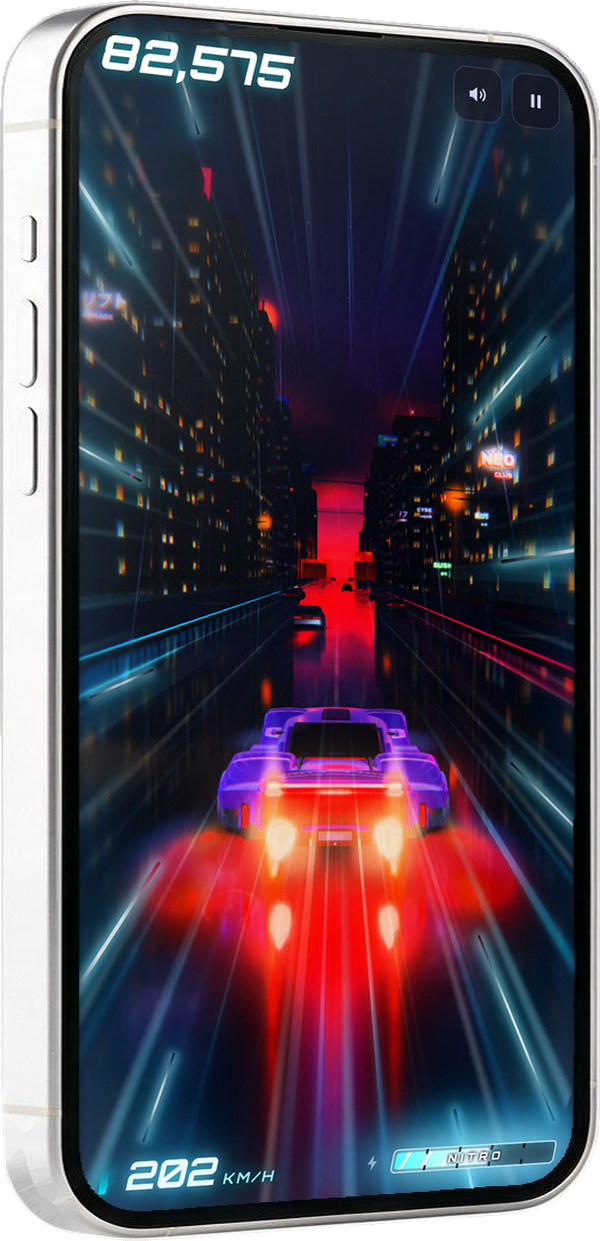 NIGHTMILE on an iPhone, a real run: the car mid-drift through a neon city at night, the score at the top and the speed and nitro gauges at the bottom