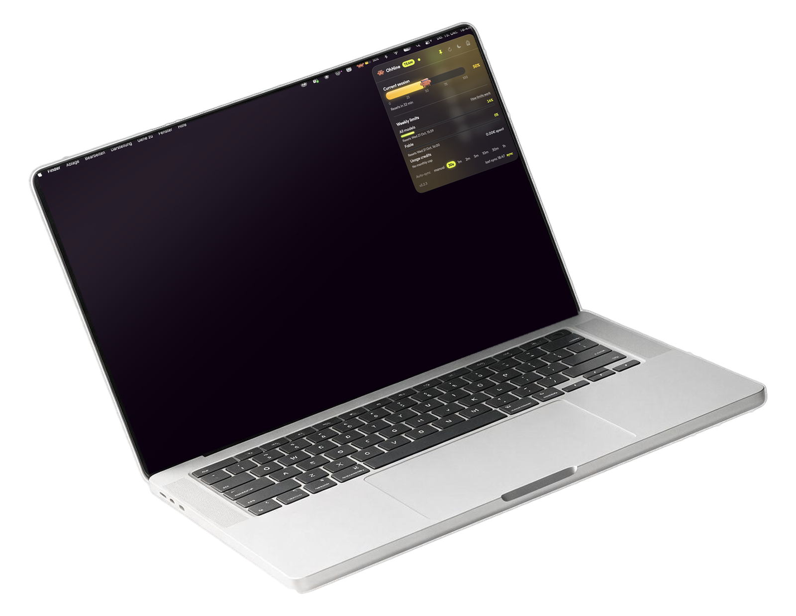 OhNine on a Mac desktop: the panel open under its menu bar icon, the current session at 50 percent with Claw’d on the bar, the weekly limits below