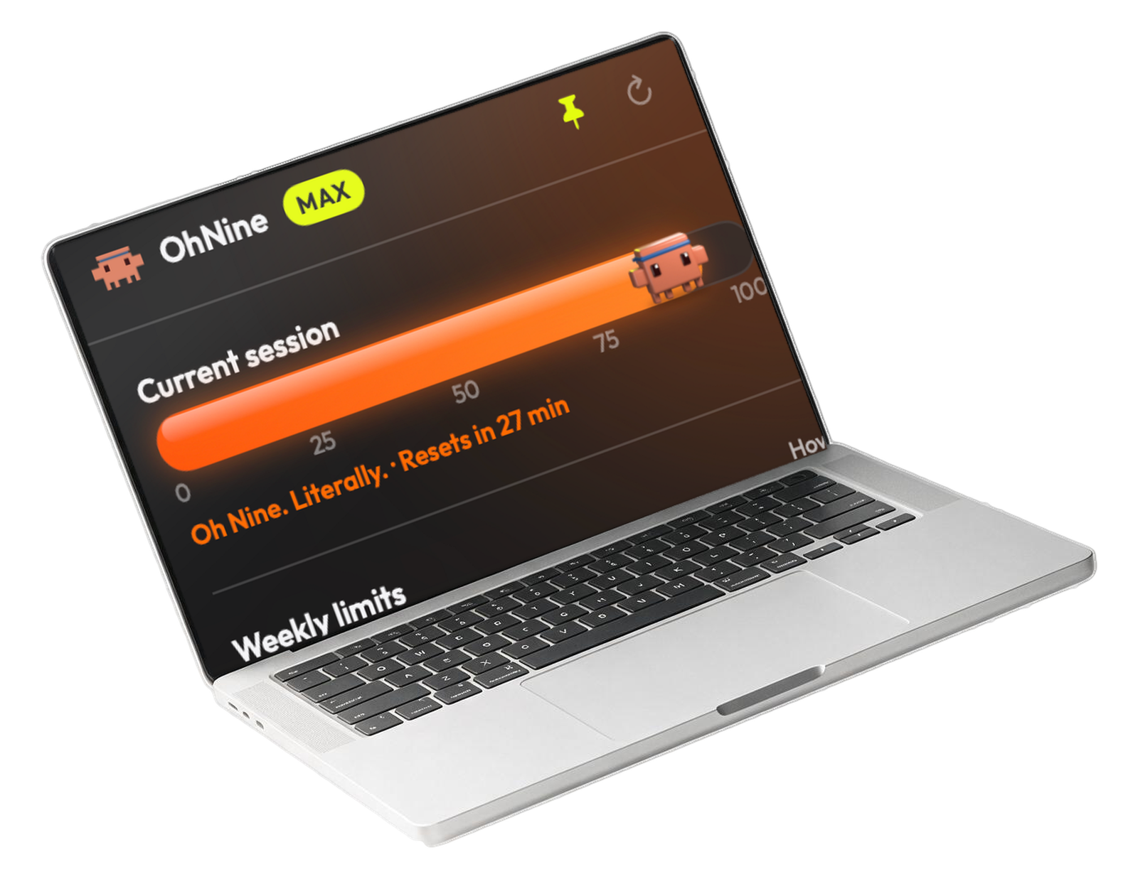 OhNine 2.0 on a Mac: the glass panel at 91 percent, Claw’d on the session bar, the reset countdown and the weekly limits below