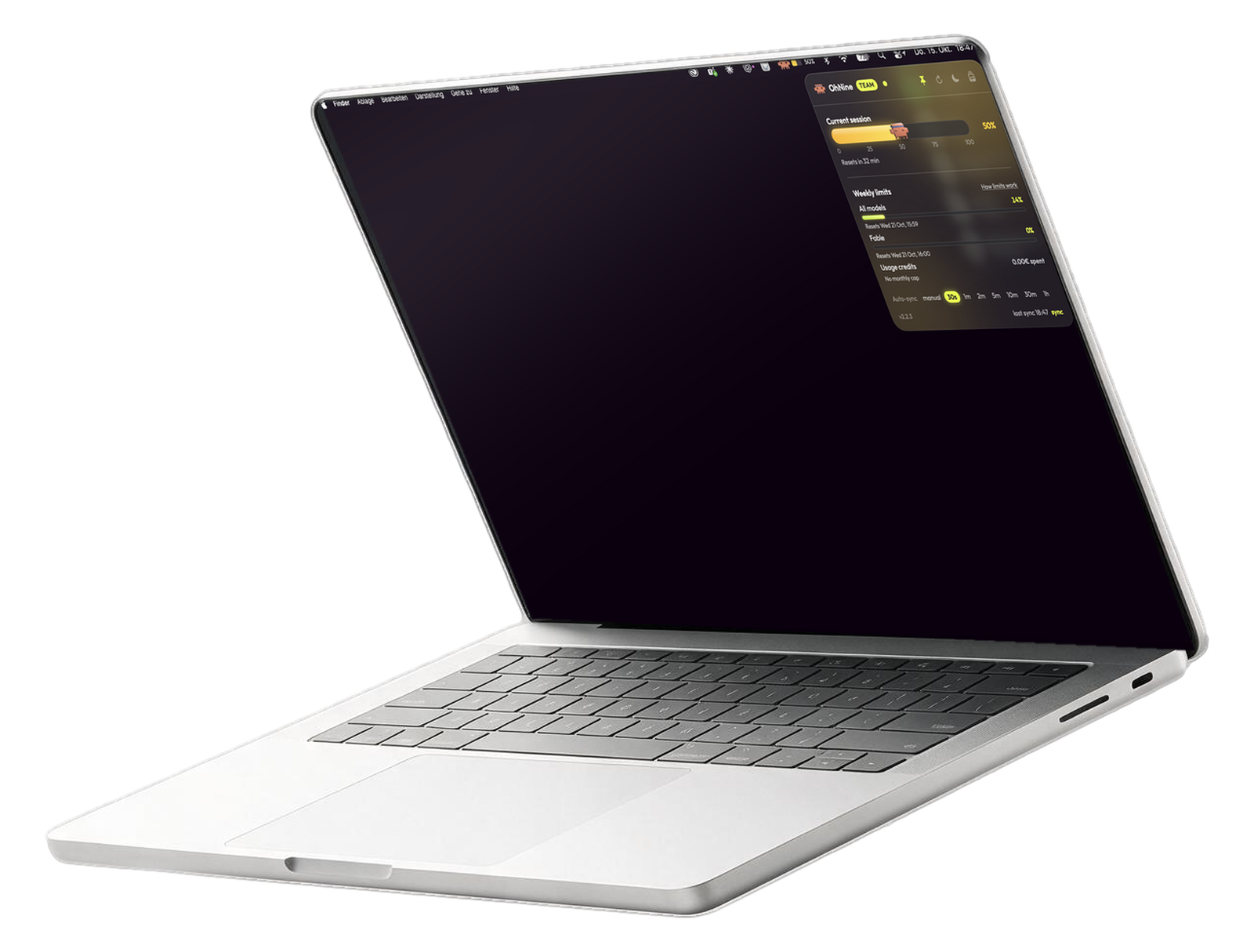OhNine on a laptop: the current session meter at 91 percent and the weekly limits under it, with the sign-in panel beside it