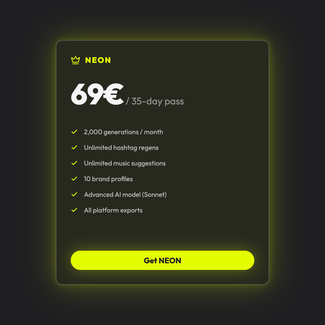RAXXO Studio NEON pass: 69€ for 35 days, 2,000 generations per month