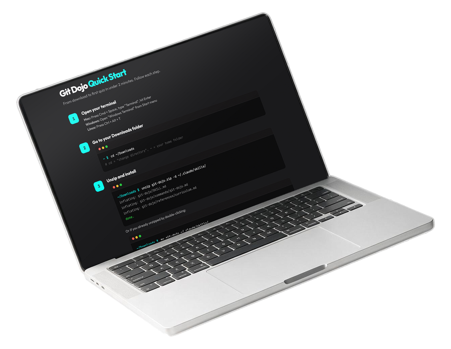 Git Dojo Quick Start in the terminal: the three install steps, from opening a terminal to unzipping the skill