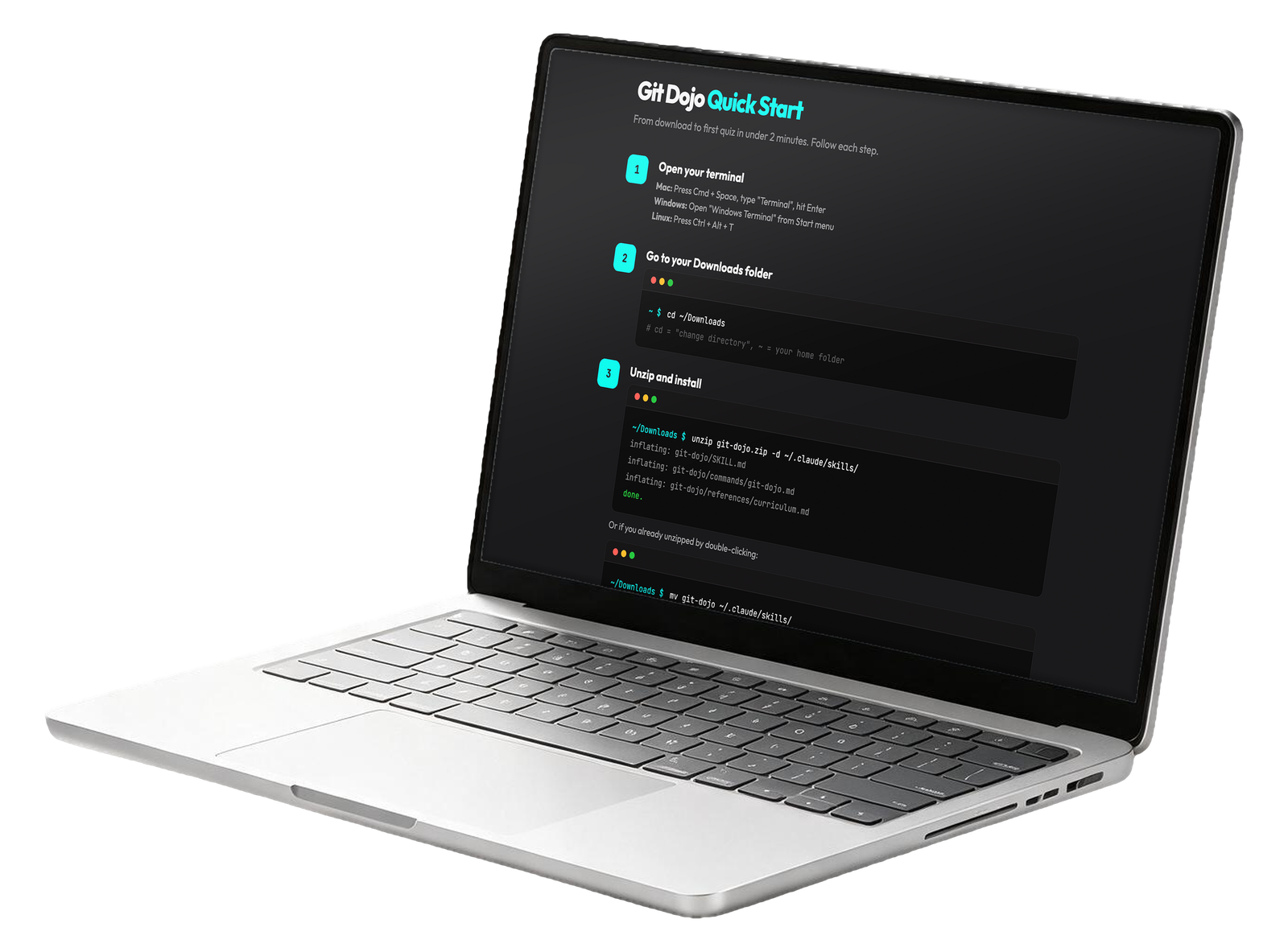 Git Dojo Quick Start in the terminal: the three install steps, from opening a terminal to unzipping the skill