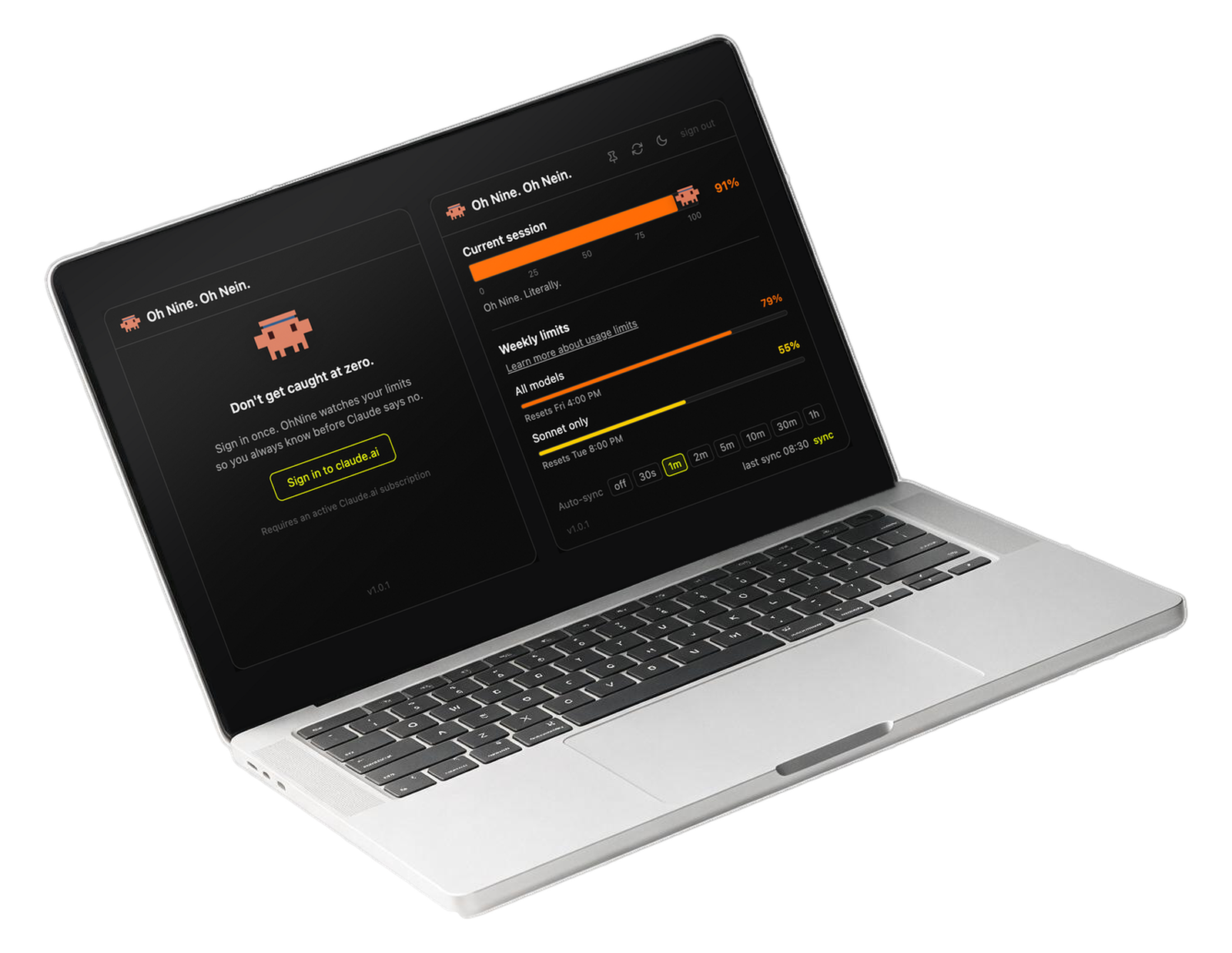 The OhNine desktop app on a laptop: session and weekly usage meters.