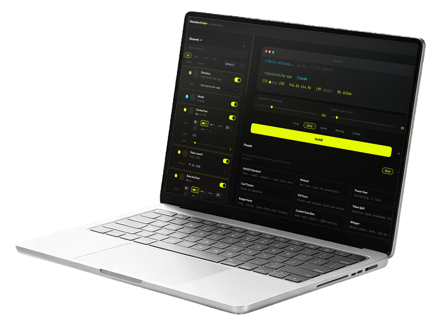 Statusline Builder: the live terminal preview, sliders, the Install button and the presets
