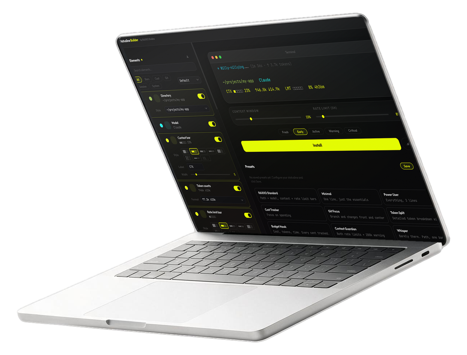 The Statusline Builder start screen on a laptop with a live Claude Code statusline under it: the working directory and model, CTX at 23 percent with 46k up and 15k down, LMT at 8 percent with 4h36m left