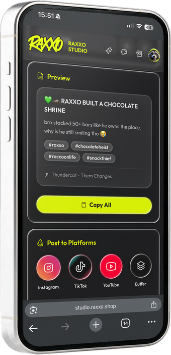 RAXXO Studio on a phone, the real app: the generated caption with its hashtags and music pick, Copy All, and the platforms to post to