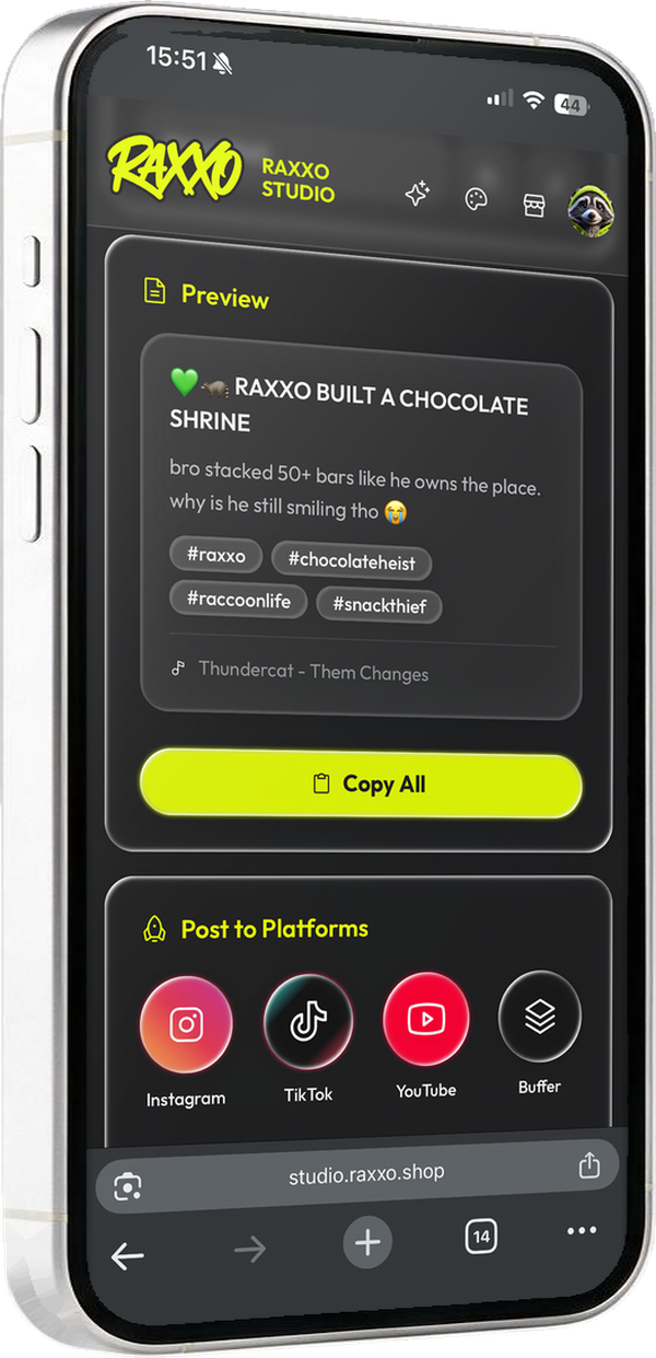 The RAXXO Studio web app on a phone: the sign-up screen with its first call to action.